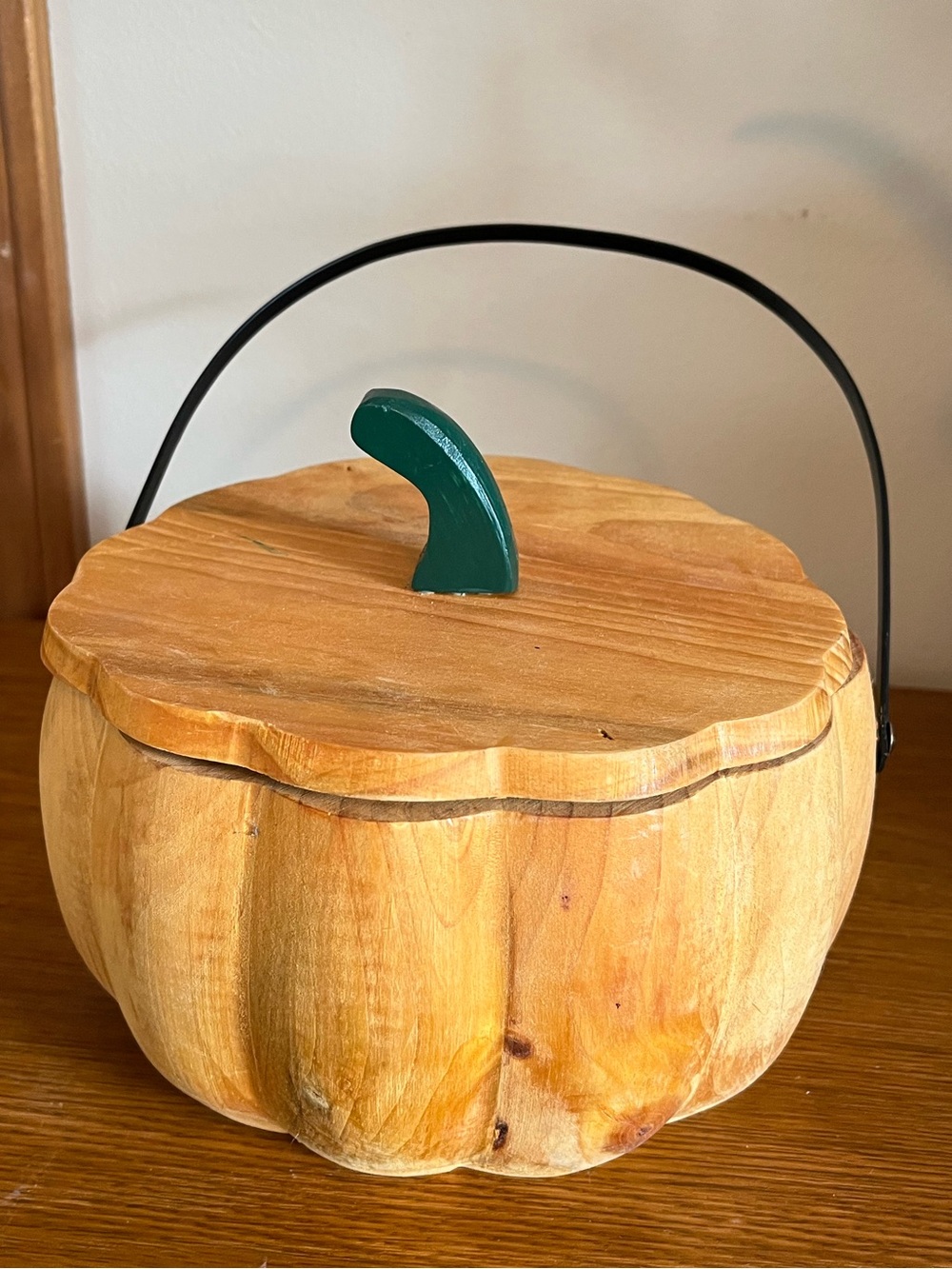 Wooden Pumpkin Candy Bowl with Green Stem - Holiday Decor